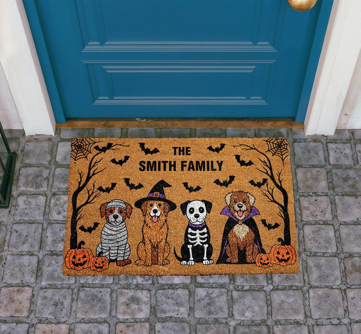 Personalized Halloween Doormat, Custom Family Name Welcome Mat, Funny Dogs Porch Rug