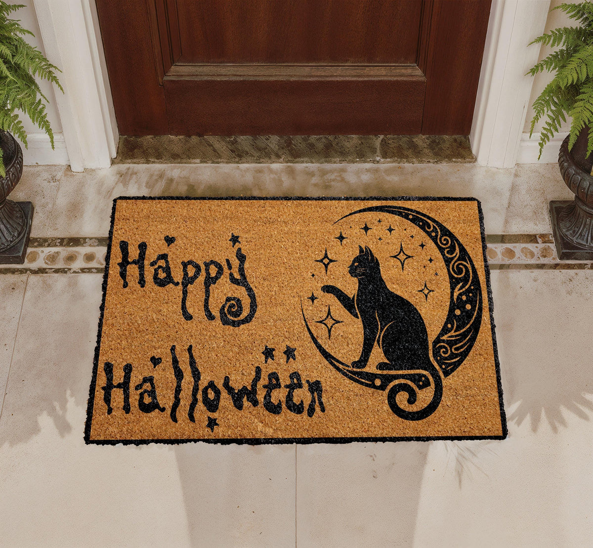 Happy Halloween Doormat, Black Cat on Crescent Moon, Coir Welcome Mat (Personalized)
