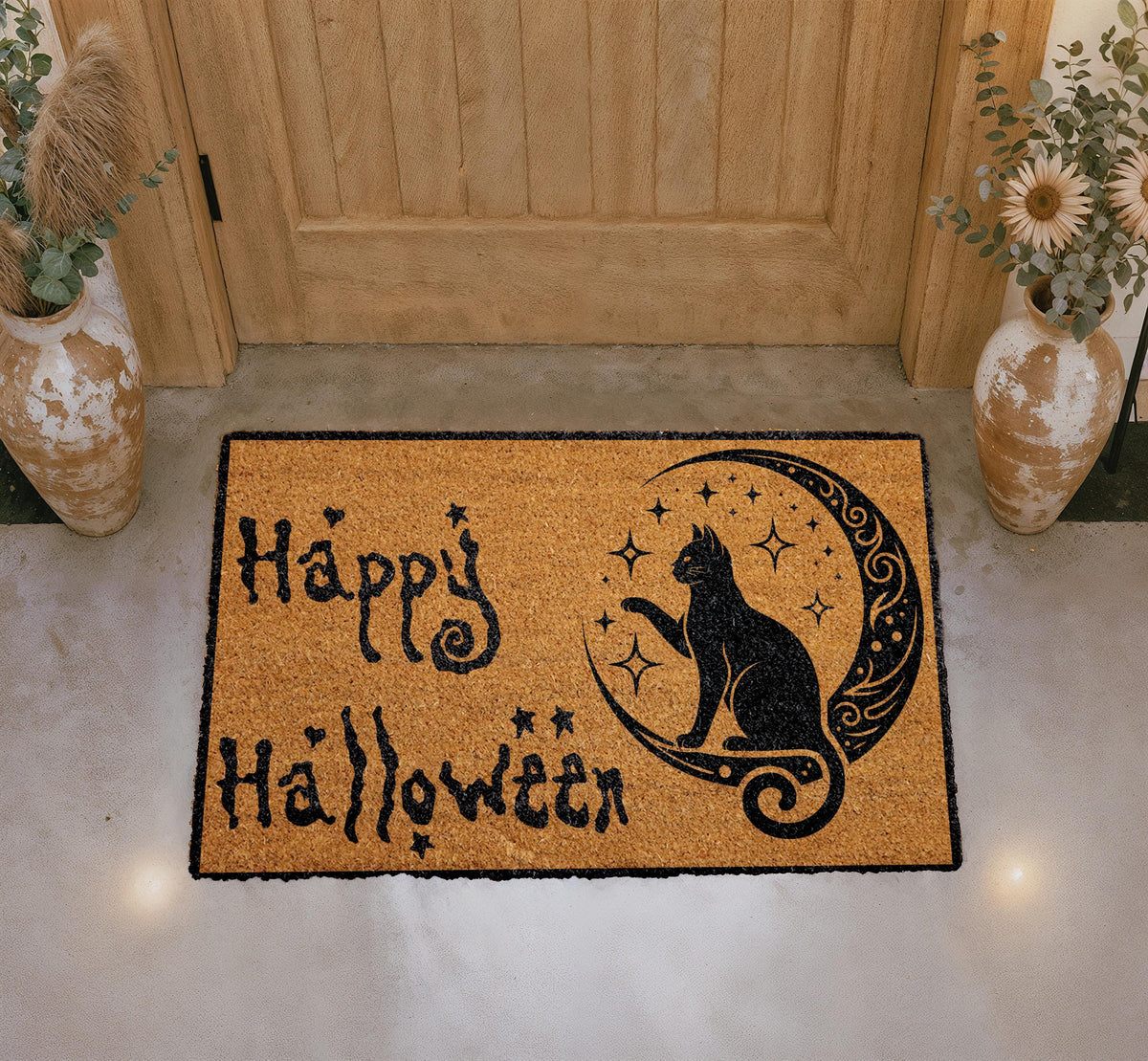 Happy Halloween Doormat, Black Cat on Crescent Moon, Coir Welcome Mat (Personalized)