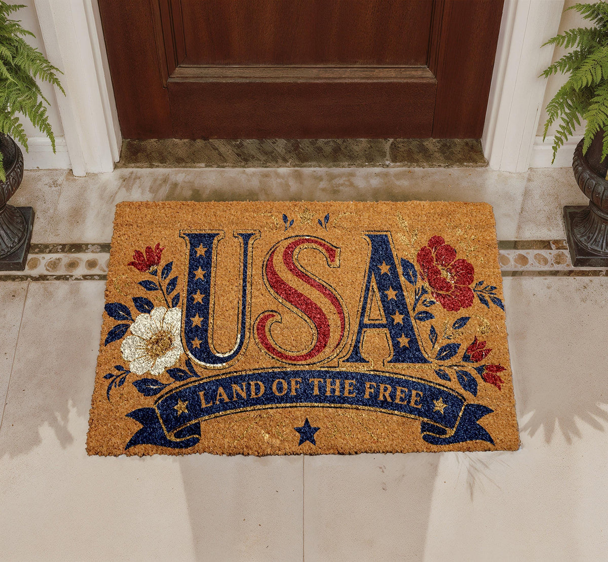 USA Land of the Free Doormat, Patriotic Floral Entryway Rug, Natural Coir Home Decor