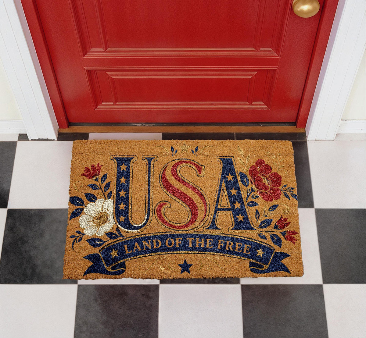 USA Land of the Free Doormat, Patriotic Floral Entryway Rug, Natural Coir Home Decor