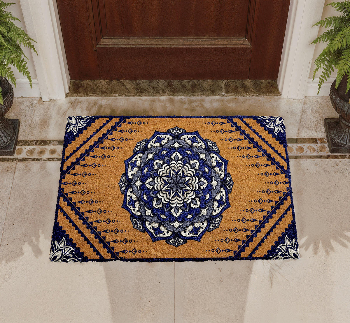 Boho Mandala Coir Doormat, Custom Welcome Mat, Natural Fiber Outdoor Mat (Personalized)