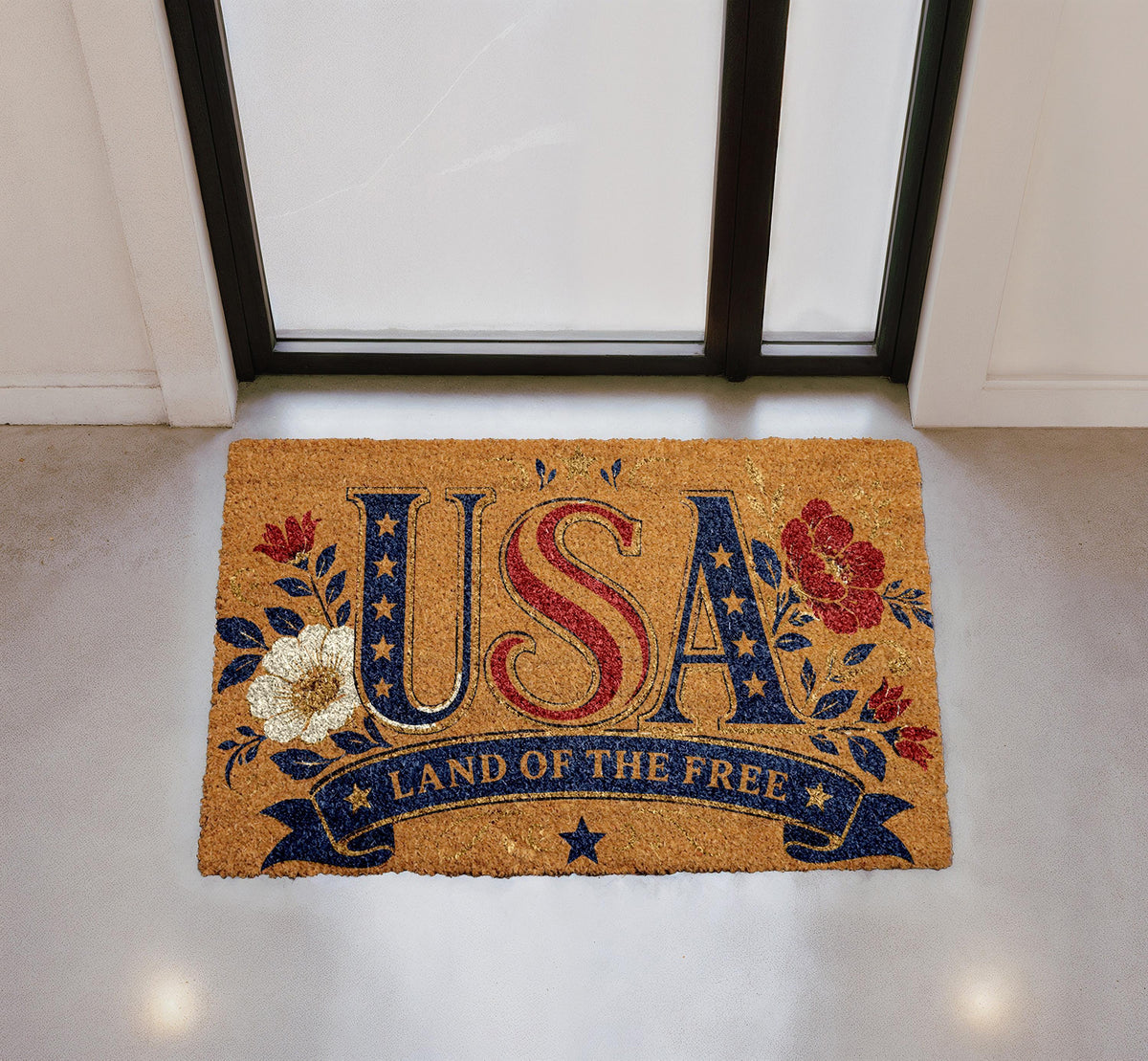 USA Land of the Free Doormat, Patriotic Floral Entryway Rug, Natural Coir Home Decor