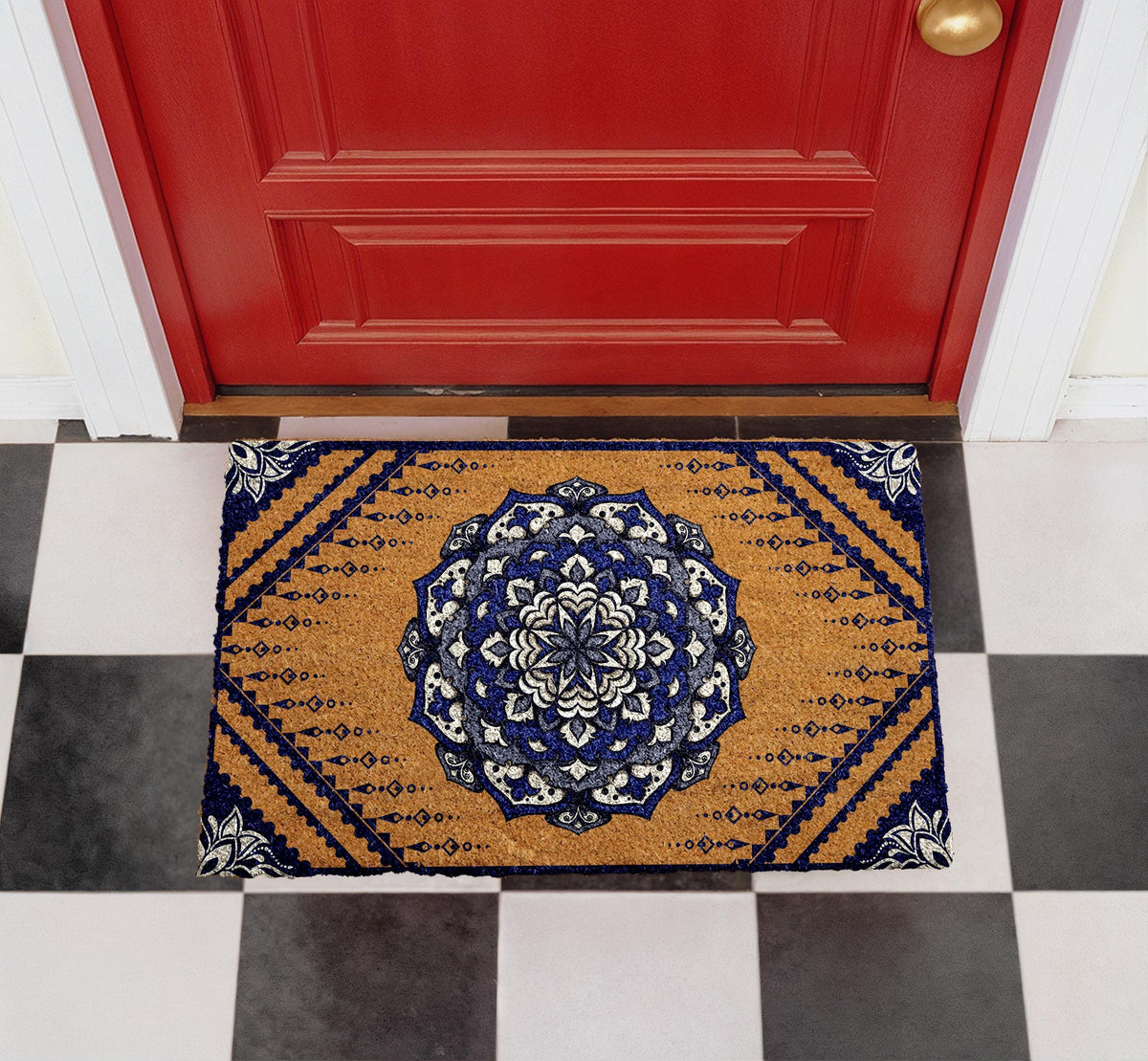 Boho Mandala Coir Doormat, Custom Welcome Mat, Natural Fiber Outdoor Mat (Personalized)
