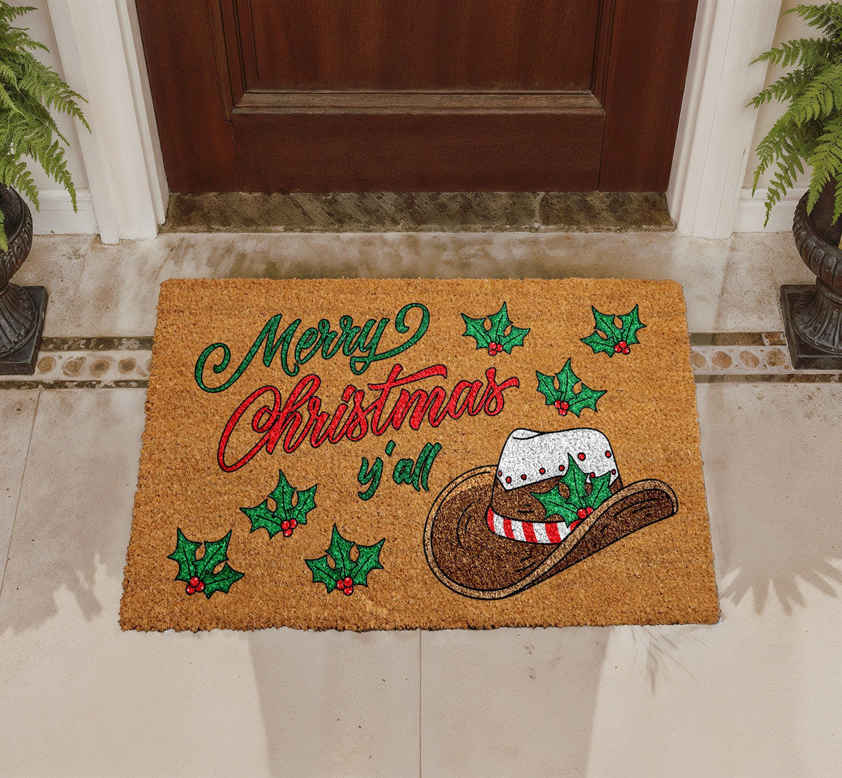 Merry Christmas Y'all Door Mat, Western Cowboy Hat Holiday Welcome Mat