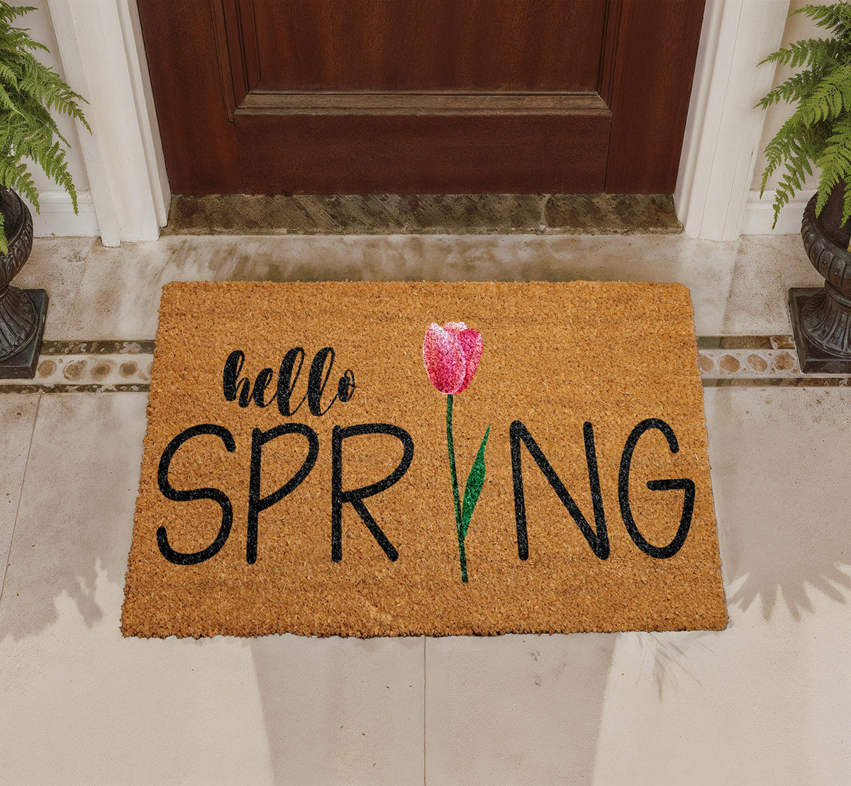 Personalized Coir Doormat, Hello Spring Tulip Design, Outdoor Welcome Mat (18"x30")