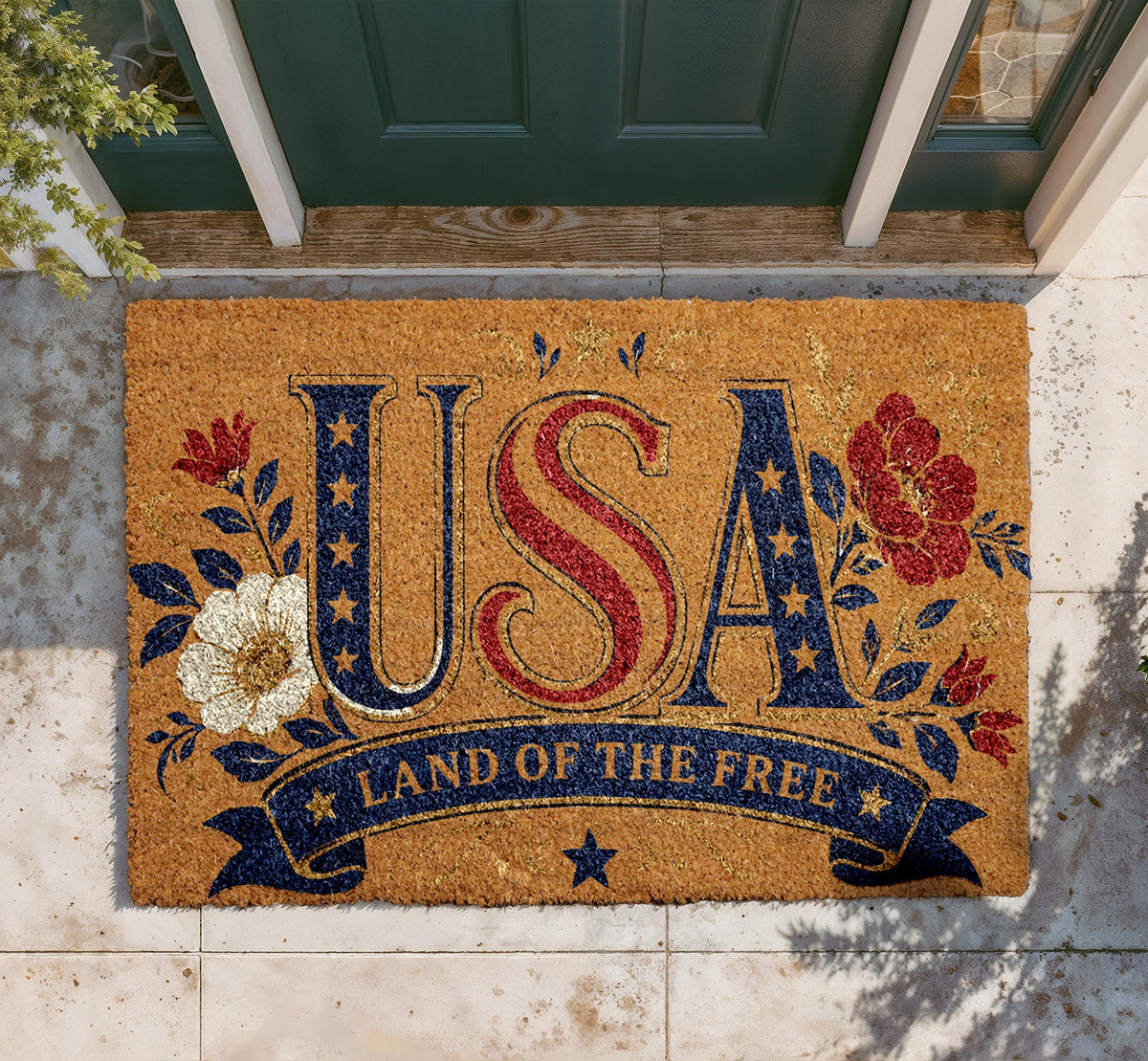 USA Land of the Free Doormat, Patriotic Floral Entryway Rug, Natural Coir Home Decor