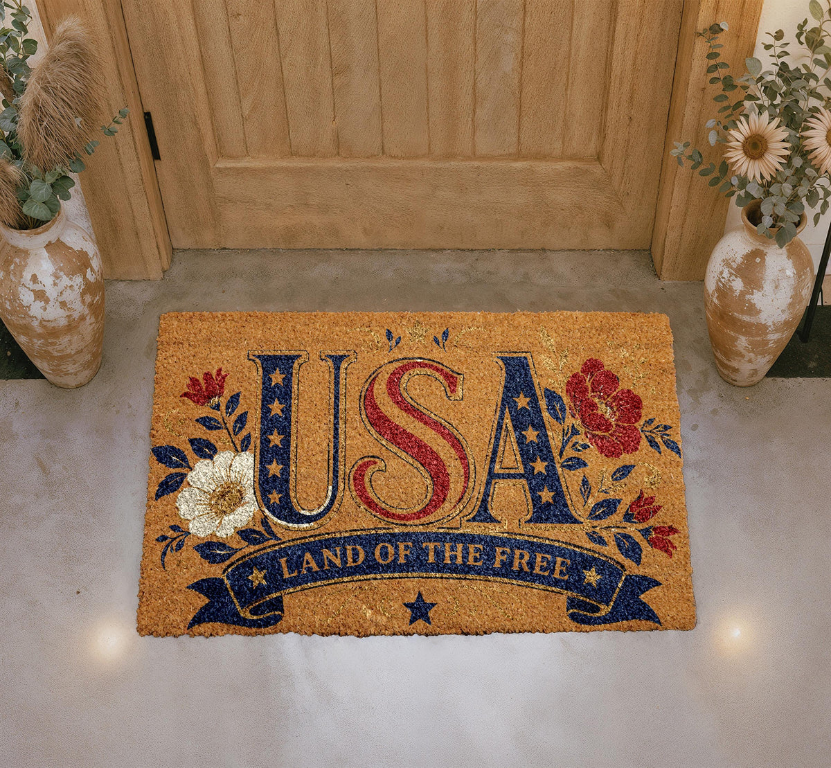 USA Land of the Free Doormat, Patriotic Floral Entryway Rug, Natural Coir Home Decor