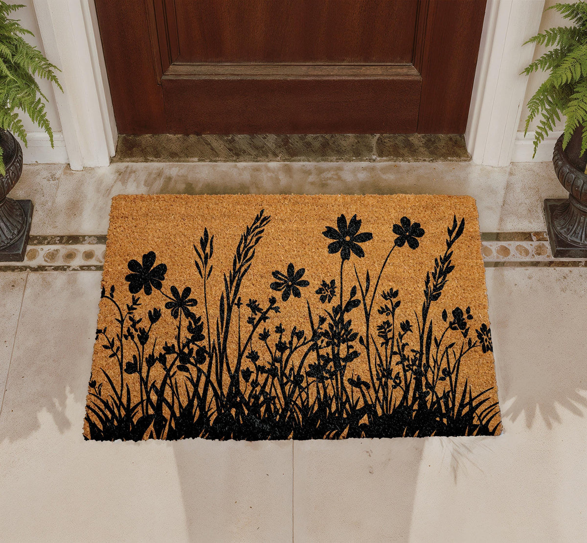 Personalized Coir Doormat, Floral Silhouette Outdoor Mat, Nature Inspired Front Door Mat