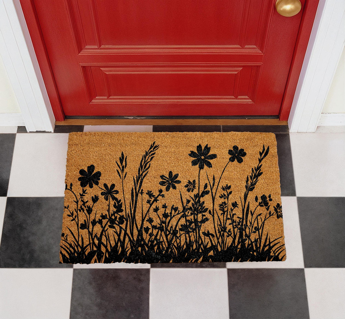 Personalized Coir Doormat, Floral Silhouette Outdoor Mat, Nature Inspired Front Door Mat