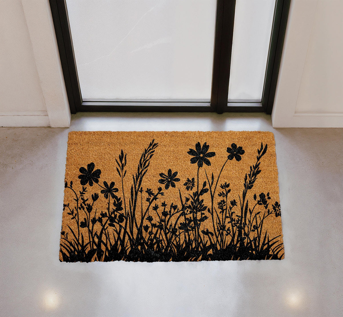 Personalized Coir Doormat, Floral Silhouette Outdoor Mat, Nature Inspired Front Door Mat