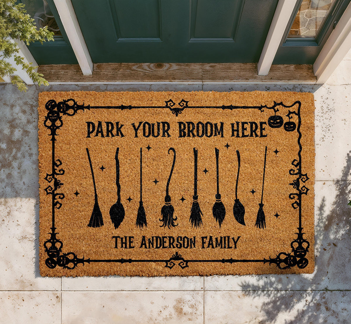 Personalized Witchy Doormat, Park Your Broom Here, Family Name Halloween Decor (Coir)