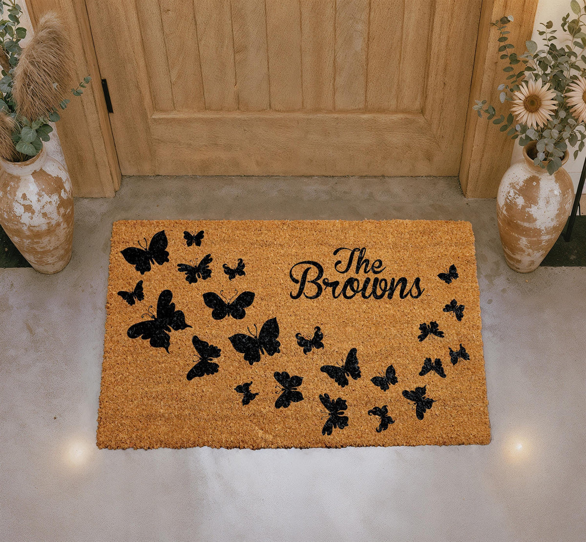 Personalized Butterfly Coir Doormat, Custom Family Name Welcome Mat