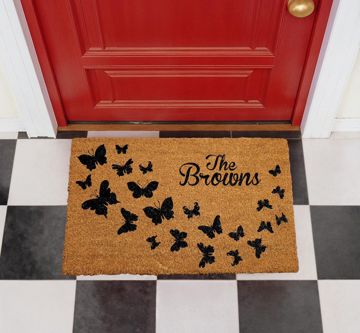 Personalized Butterfly Coir Doormat, Custom Family Name Welcome Mat