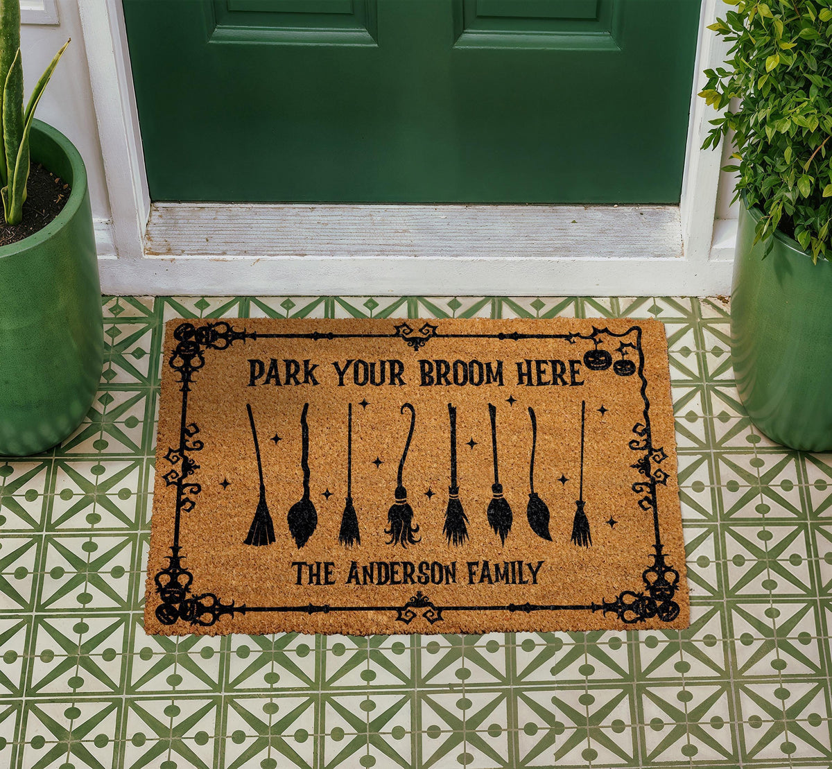 Personalized Witchy Doormat, Park Your Broom Here, Family Name Halloween Decor (Coir)
