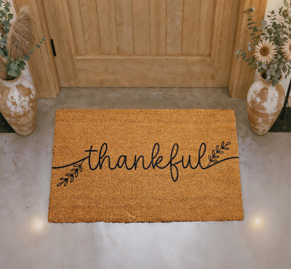 Thankful Doormat, Rustic Farmhouse Entryway Rug, Natural Coir Mat