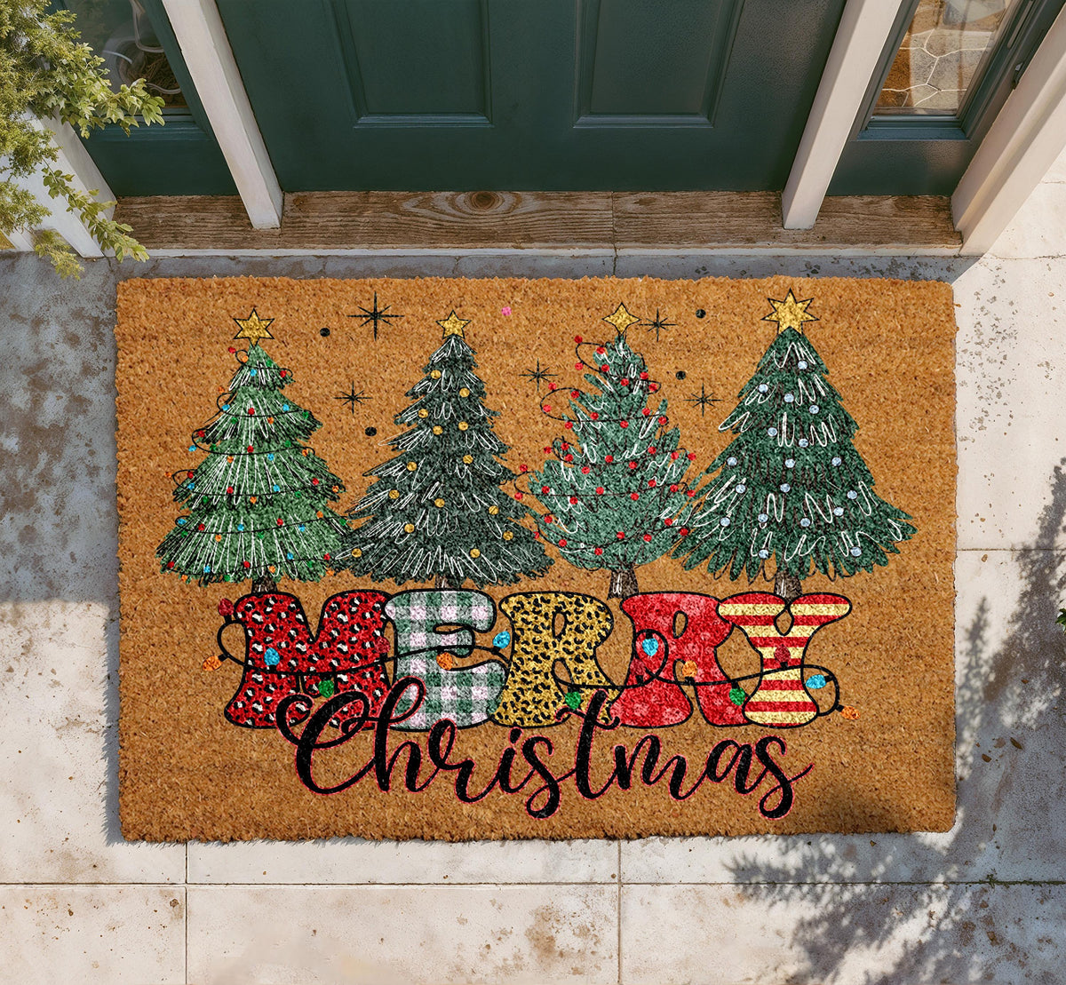 Merry Christmas Doormat, Festive Trees Welcome Mat, Seasonal Entryway Rug