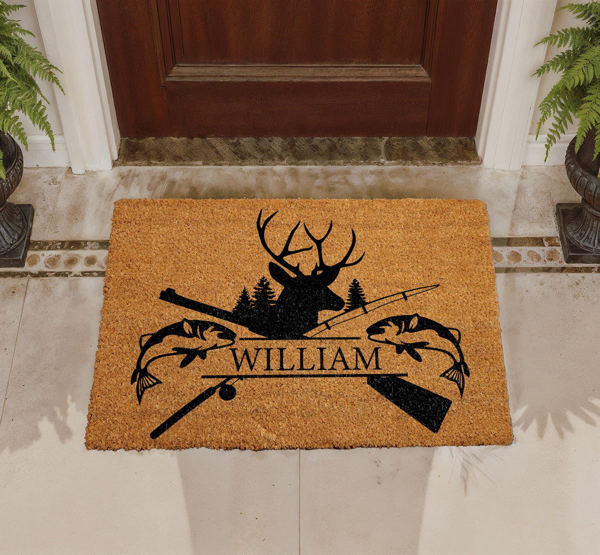 Custom Name Hunting Fishing Doormat, Deer Head Silhouette Welcome Mat (Coir)