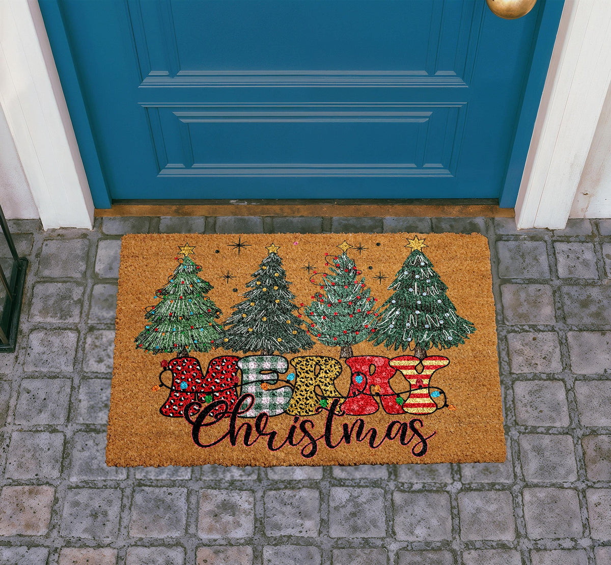 Merry Christmas Doormat, Festive Trees Welcome Mat, Seasonal Entryway Rug