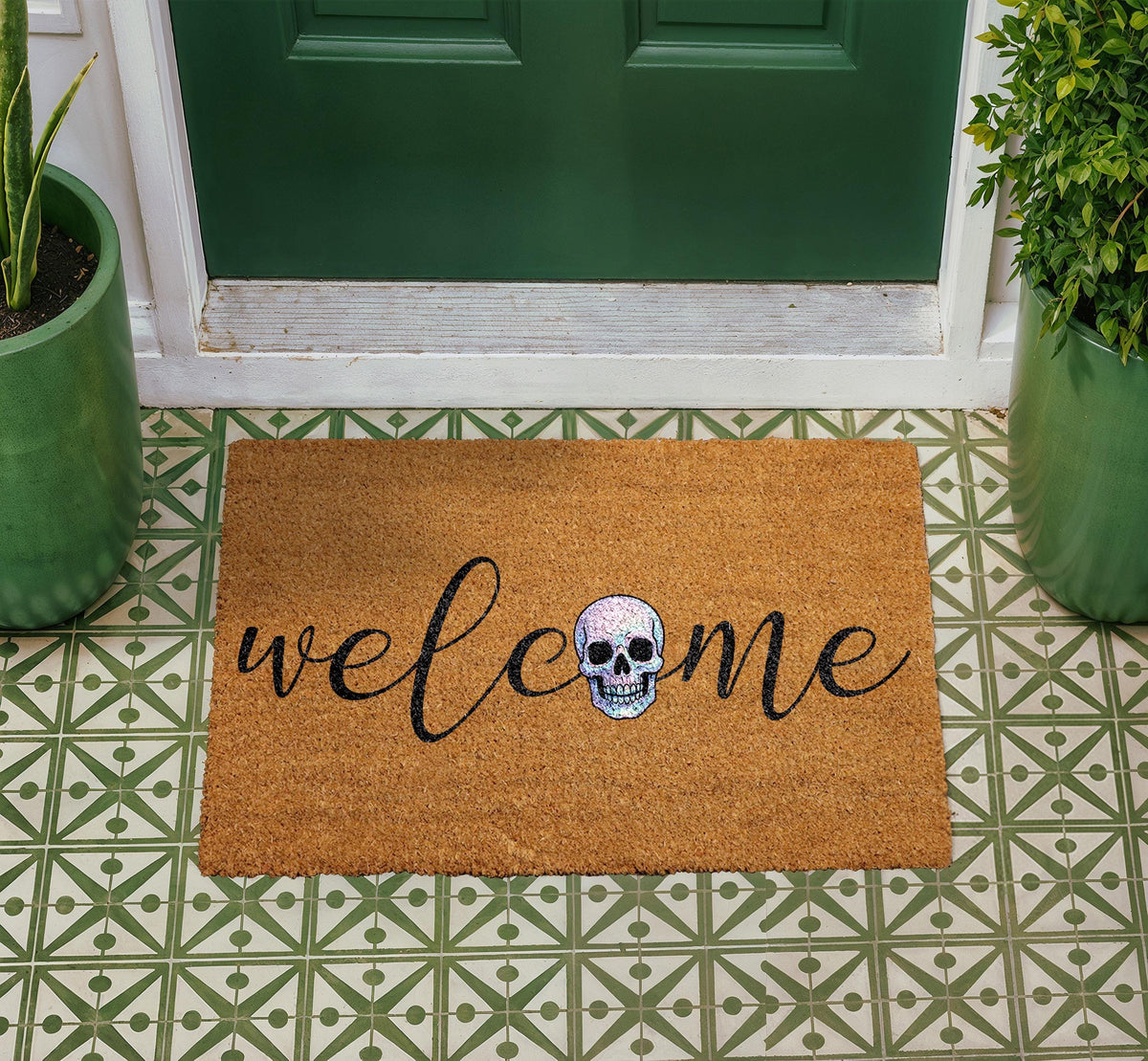 Iridescent Skull Welcome Mat, Natural Coir Outdoor Rug, Halloween Porch Decor