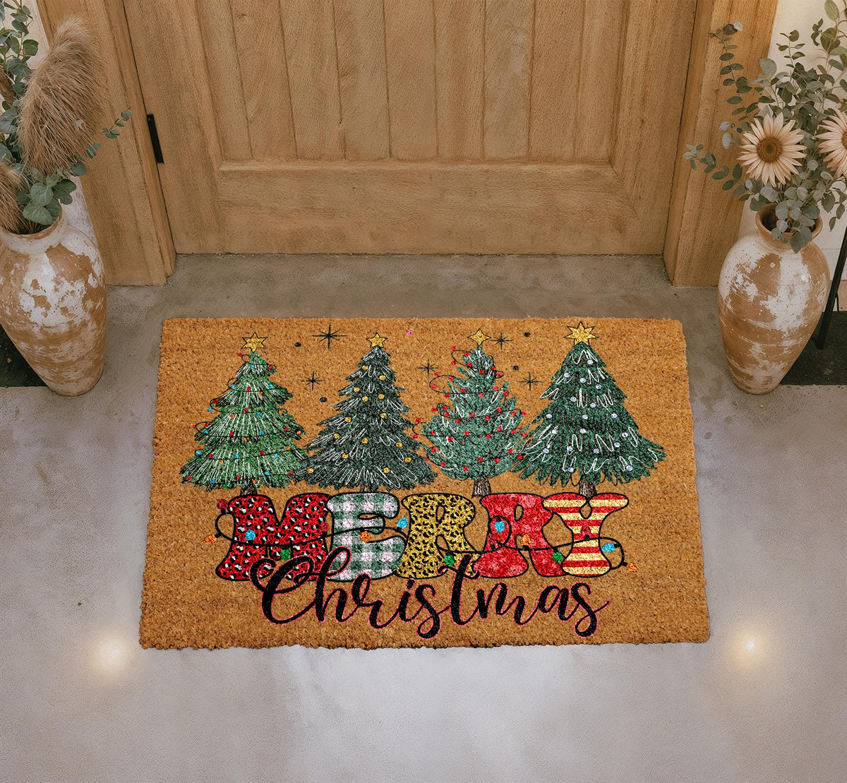 Merry Christmas Doormat, Festive Trees Welcome Mat, Seasonal Entryway Rug