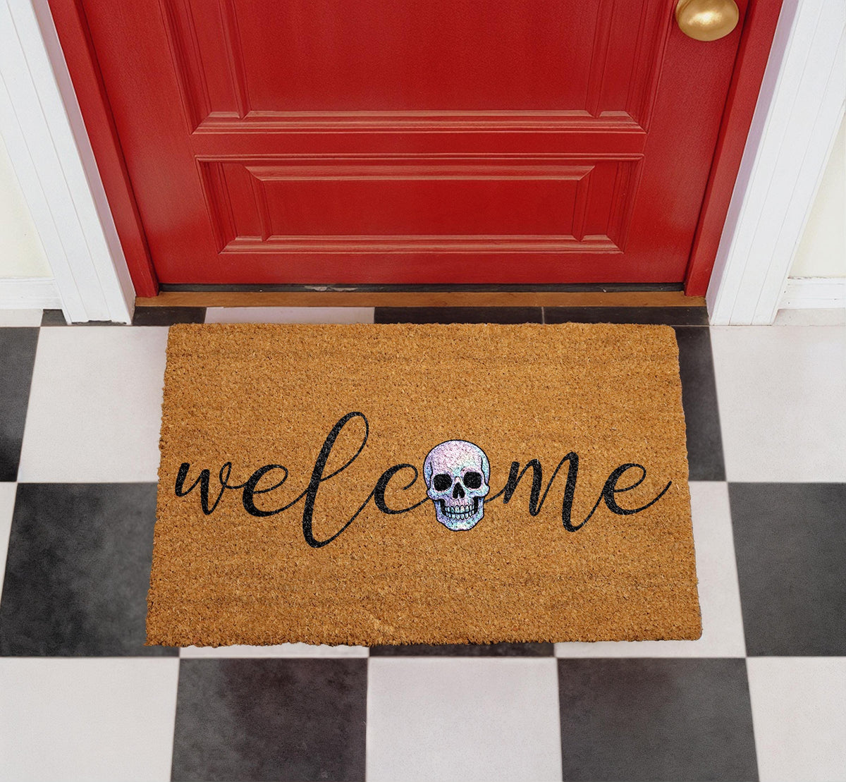 Iridescent Skull Welcome Mat, Natural Coir Outdoor Rug, Halloween Porch Decor