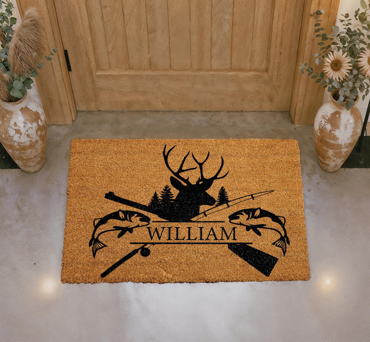 Custom Name Hunting Fishing Doormat, Deer Head Silhouette Welcome Mat (Coir)