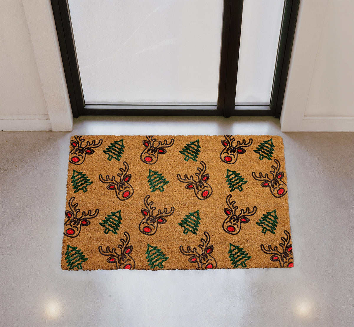 Personalized Coir Doormat, Reindeer Christmas Tree Welcome Mat, Holiday Porch Decor