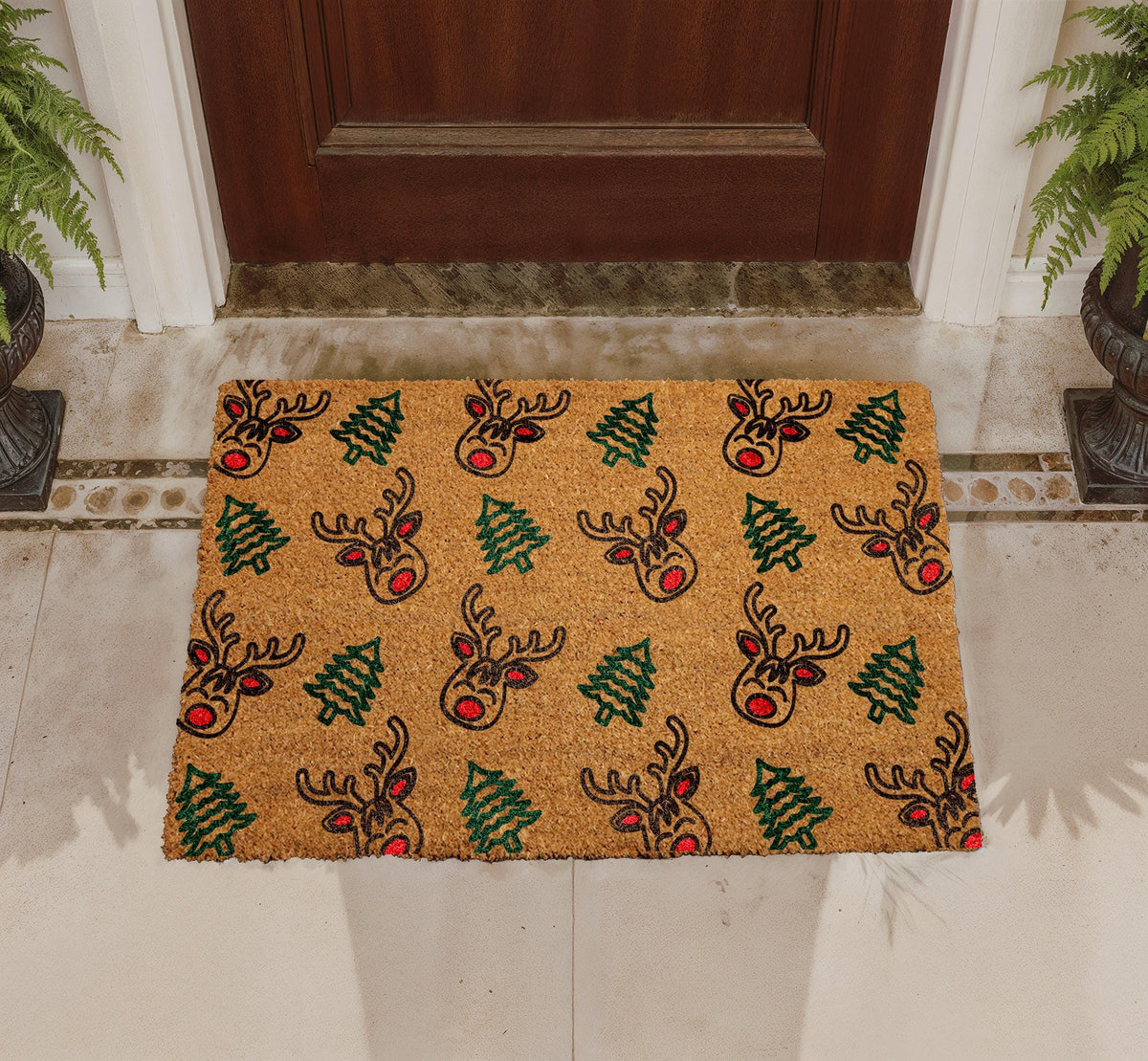 Personalized Coir Doormat, Reindeer Christmas Tree Welcome Mat, Holiday Porch Decor