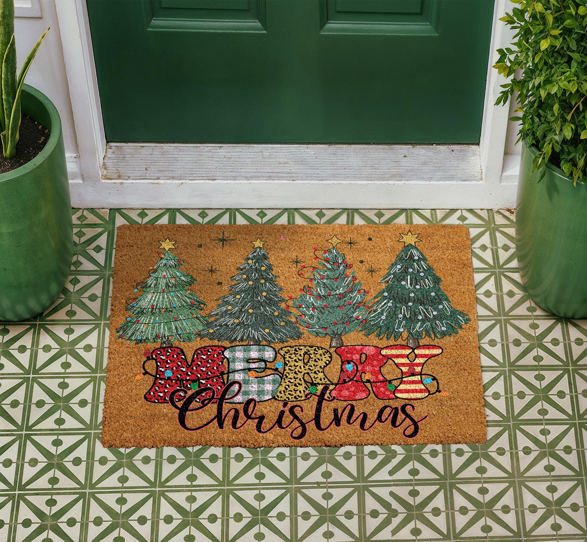 Merry Christmas Doormat, Festive Trees Welcome Mat, Seasonal Entryway Rug
