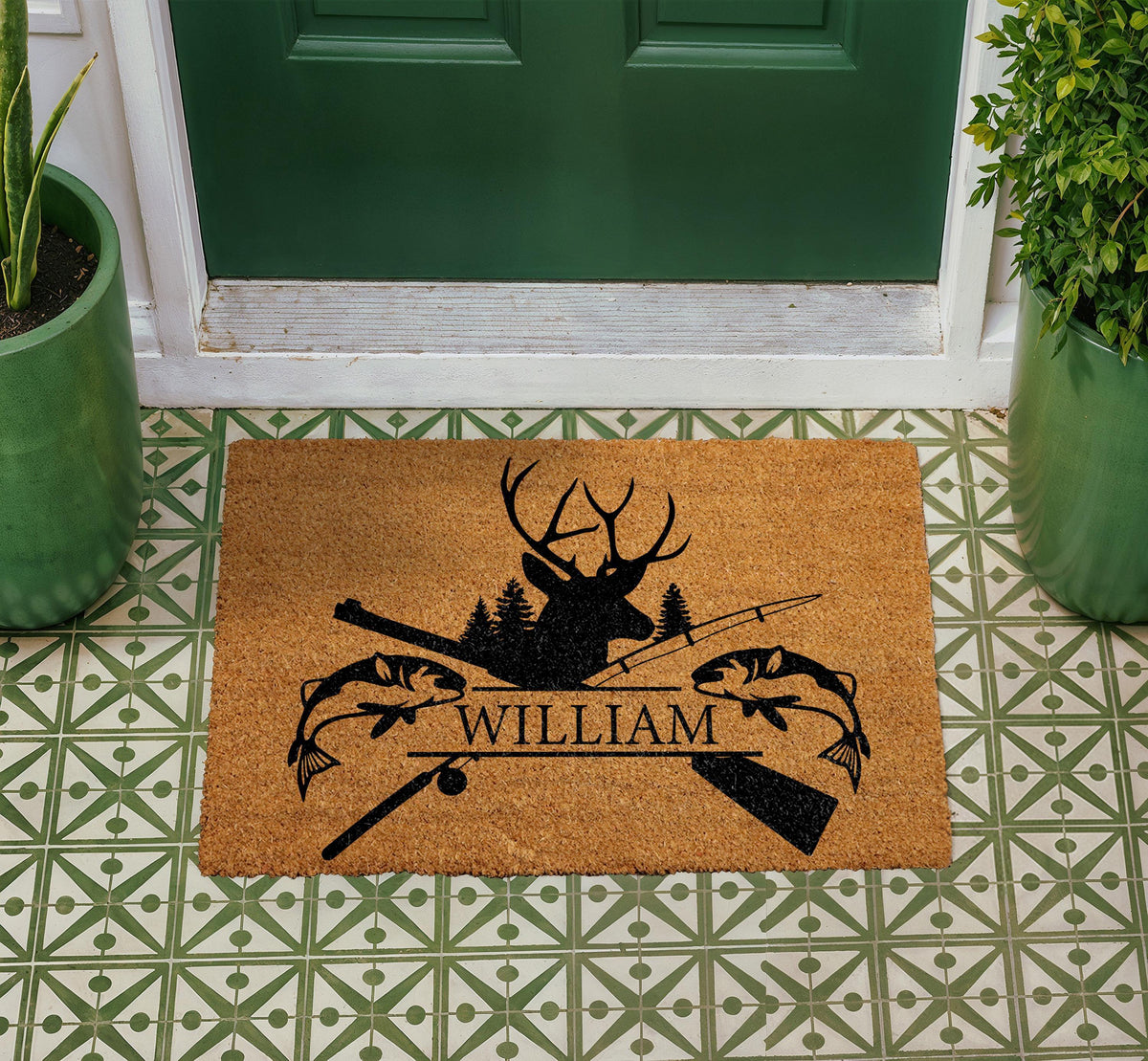 Custom Name Hunting Fishing Doormat, Deer Head Silhouette Welcome Mat (Coir)
