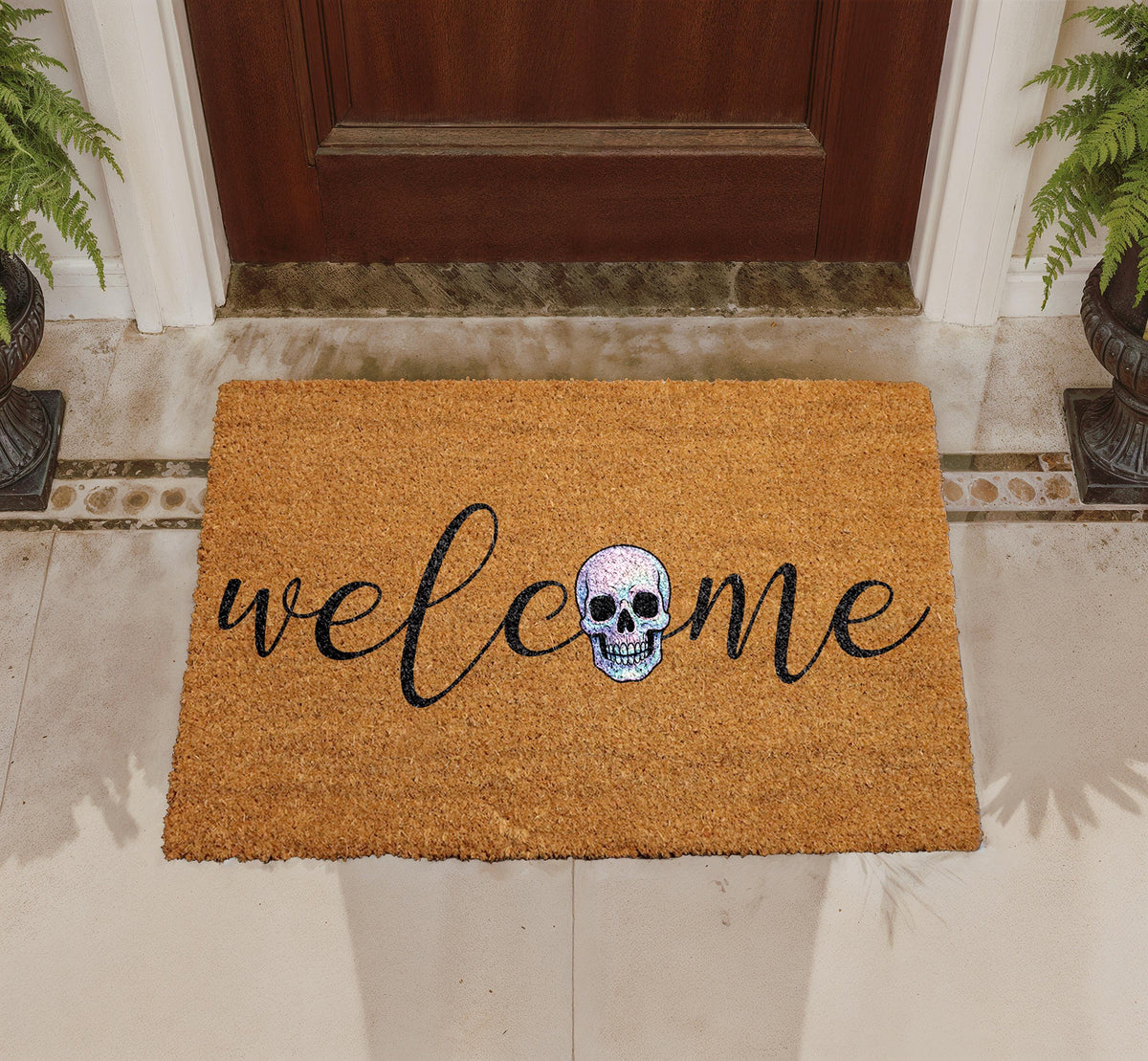 Iridescent Skull Welcome Mat, Natural Coir Outdoor Rug, Halloween Porch Decor