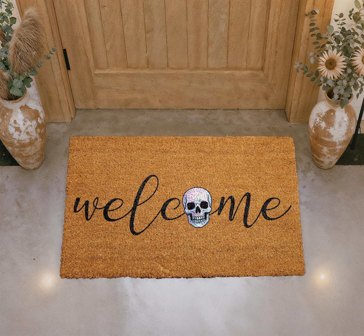 Iridescent Skull Welcome Mat, Natural Coir Outdoor Rug, Halloween Porch Decor