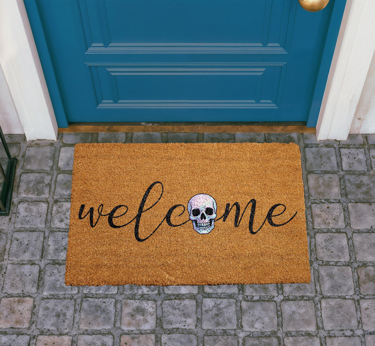 Iridescent Skull Welcome Mat, Natural Coir Outdoor Rug, Halloween Porch Decor