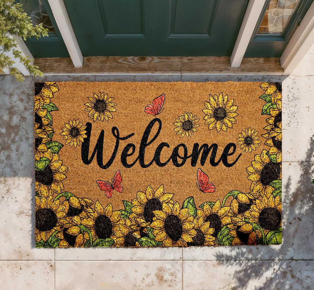 Sunflower Butterfly Doormat, Natural Coir Farmhouse Porch Rug
