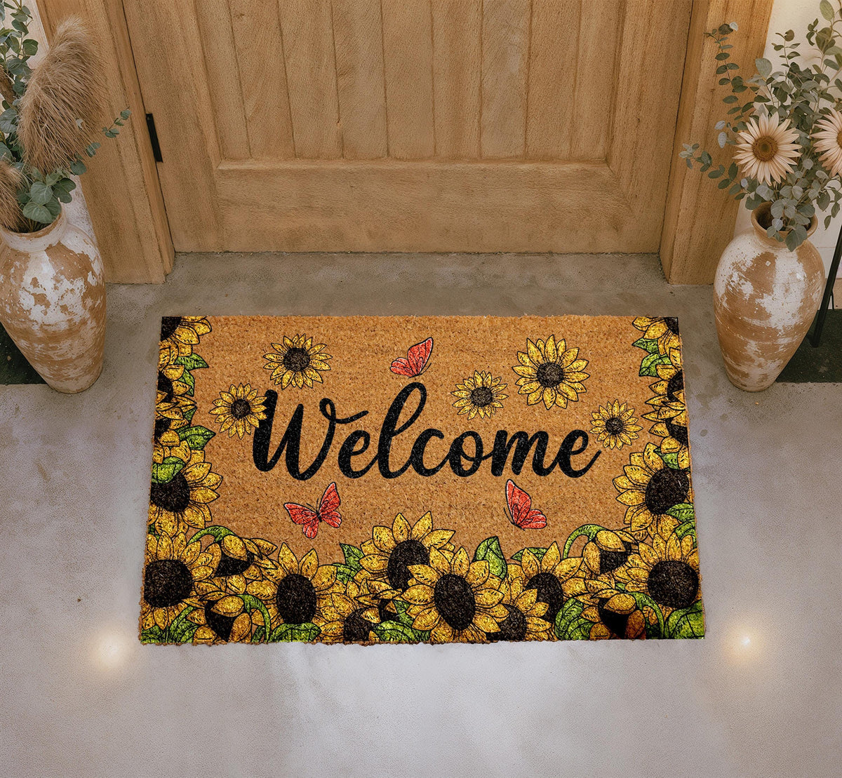 Sunflower Butterfly Doormat, Natural Coir Farmhouse Porch Rug