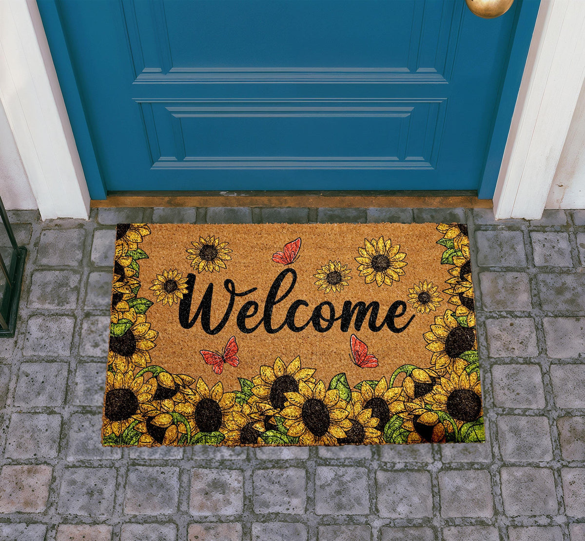 Sunflower Butterfly Doormat, Natural Coir Farmhouse Porch Rug
