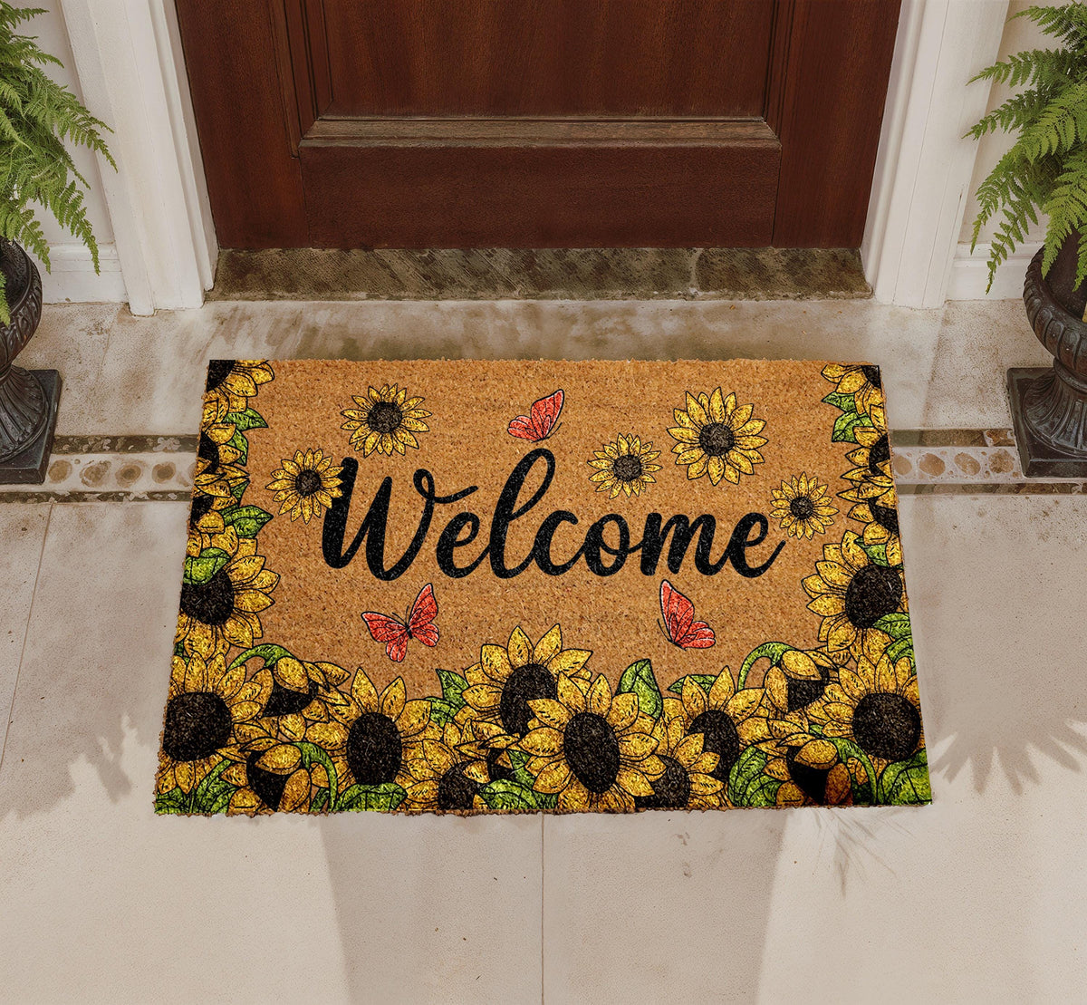 Sunflower Butterfly Doormat, Natural Coir Farmhouse Porch Rug