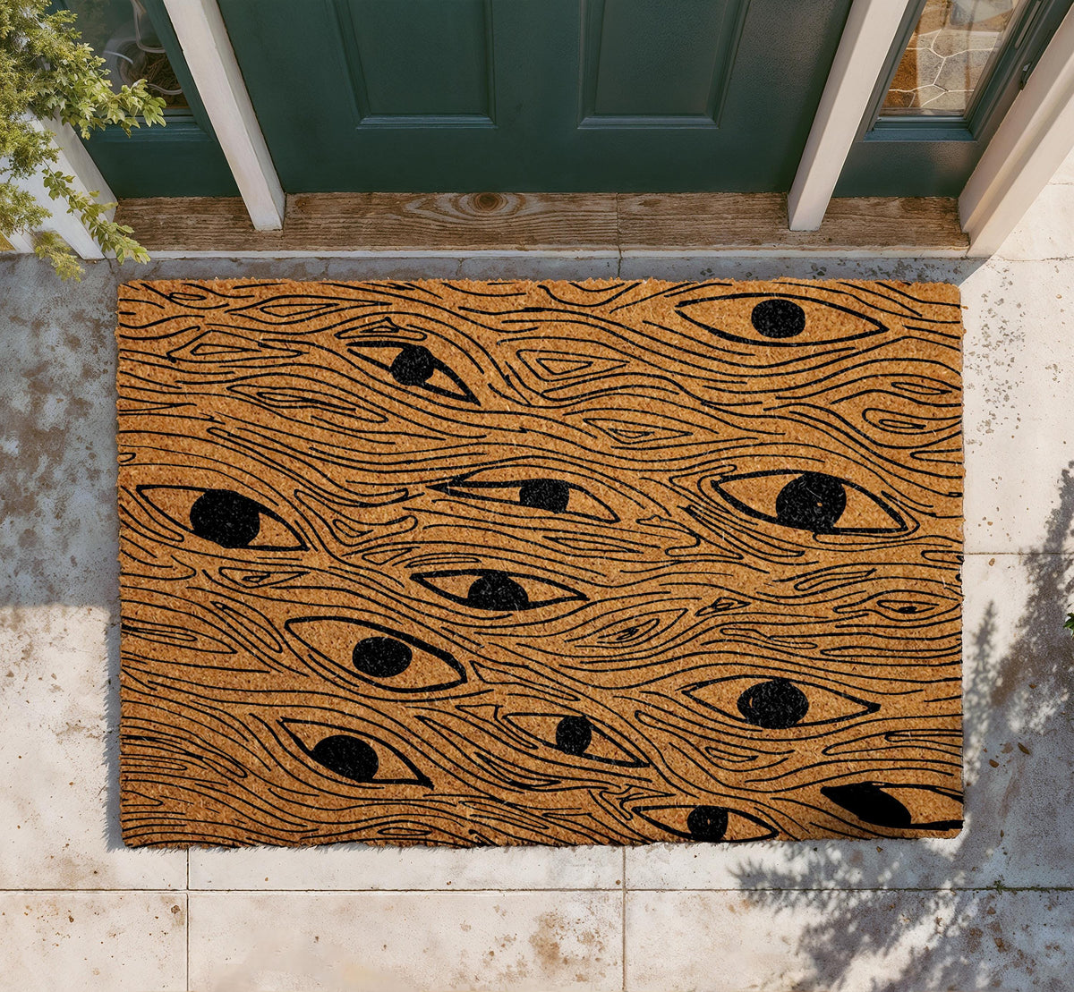 Abstract Eyes Doormat, Natural Coir Welcome Mat, Mystical Boho Porch Rug