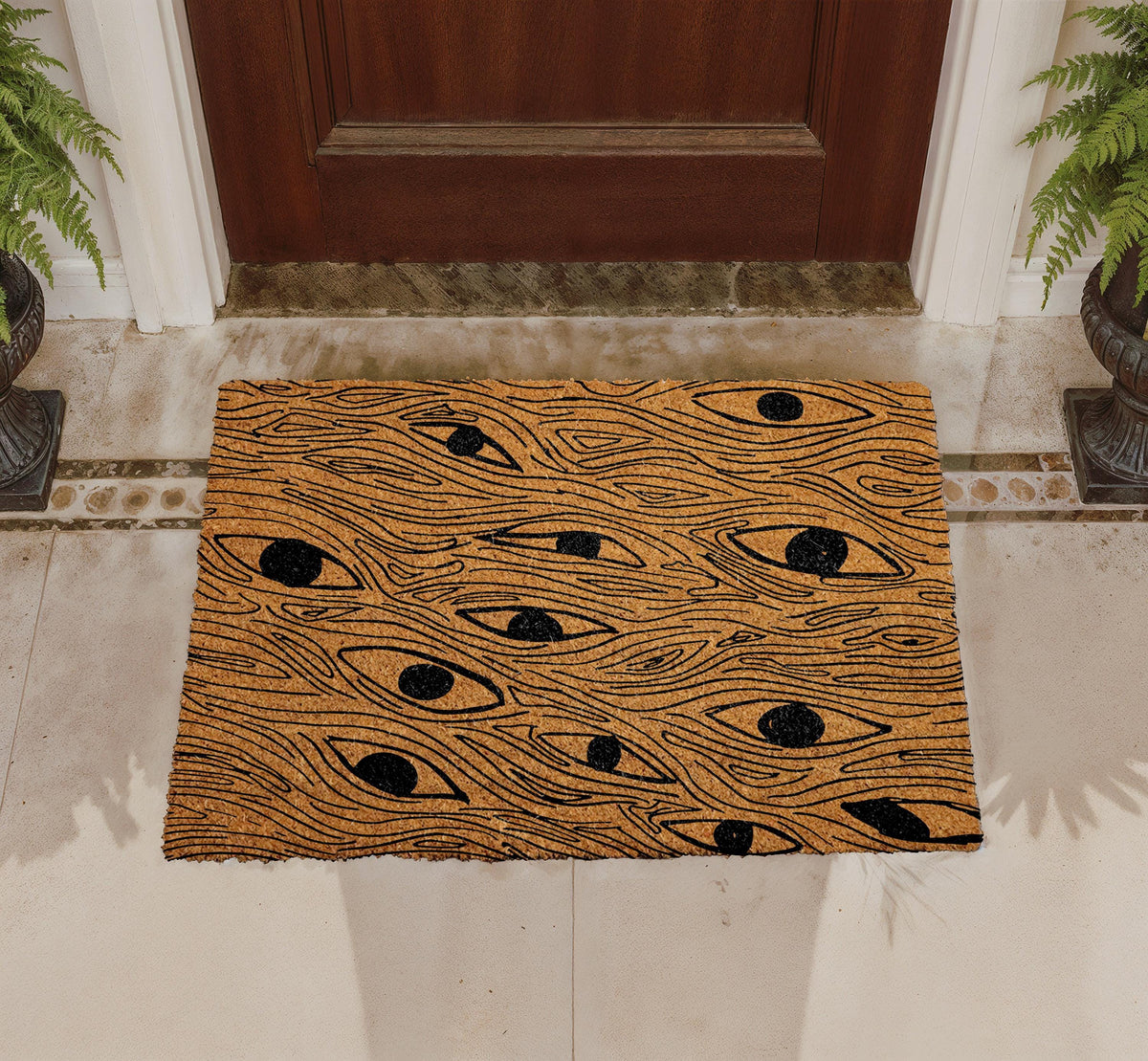 Abstract Eyes Doormat, Natural Coir Welcome Mat, Mystical Boho Porch Rug