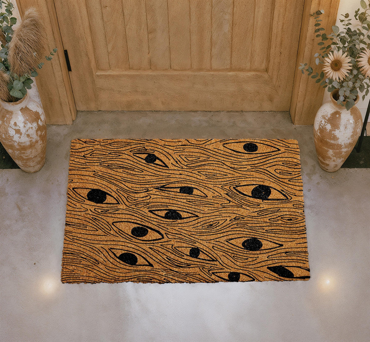 Abstract Eyes Doormat, Natural Coir Welcome Mat, Mystical Boho Porch Rug