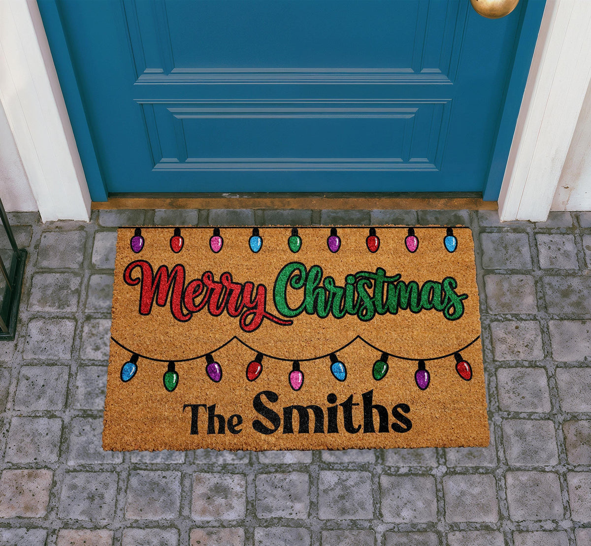 Personalized Christmas Doormat, Custom Family Name Welcome Mat, Coir Outdoor Rug
