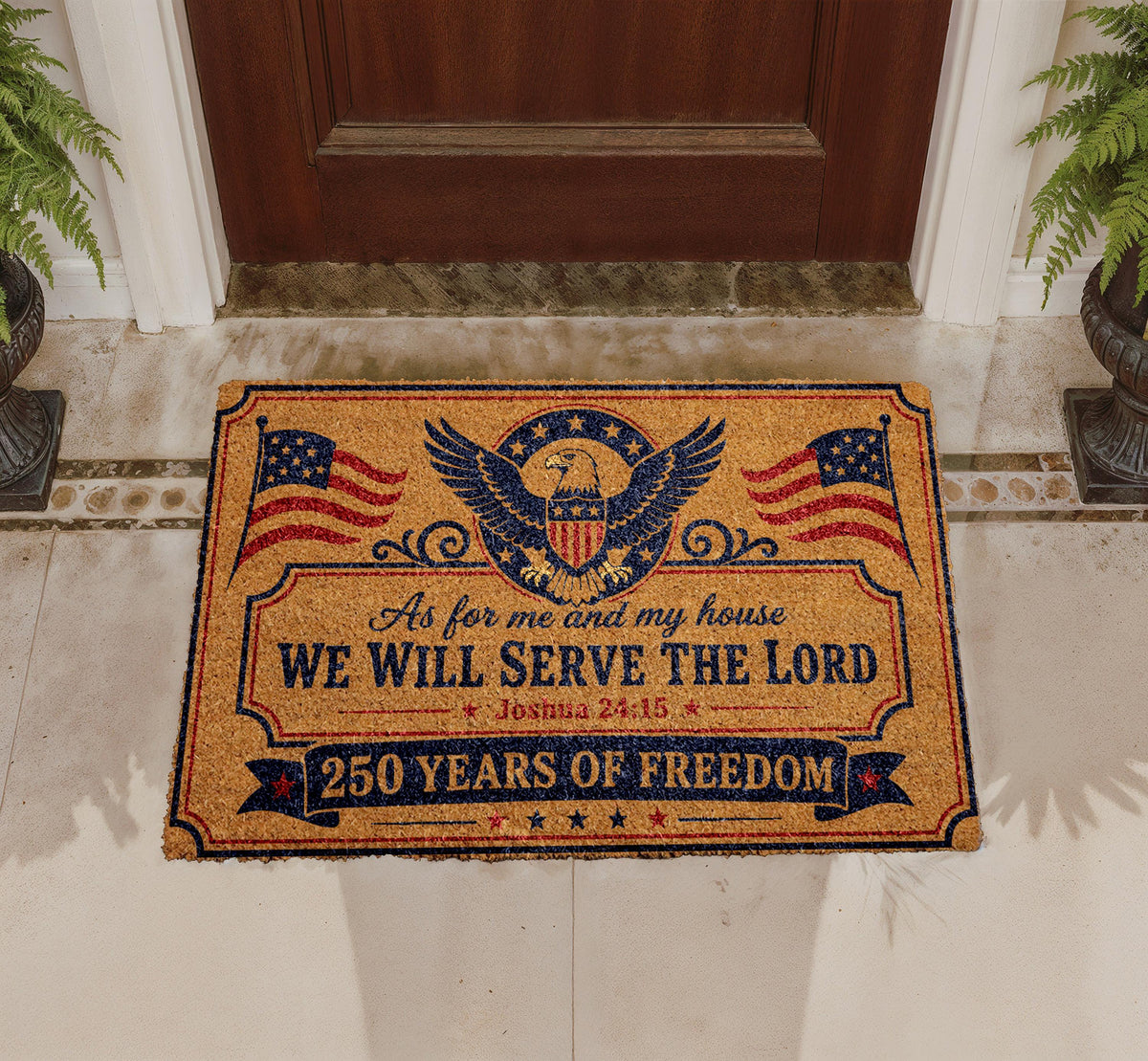 Christian Eagle Doormat, "We Will Serve The Lord", Patriotic Welcome Rug