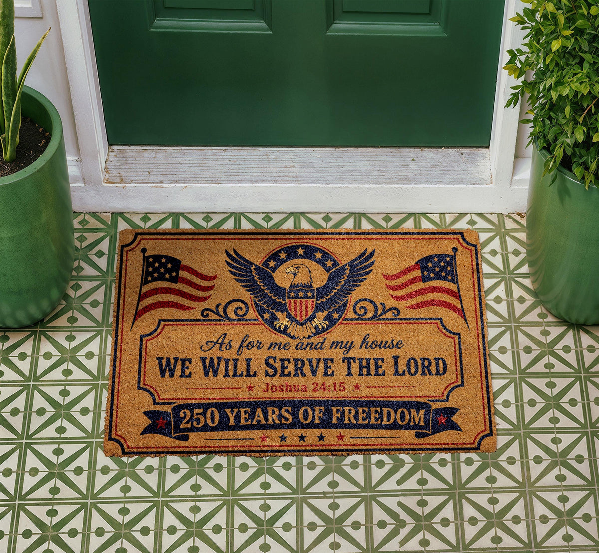 Christian Eagle Doormat, "We Will Serve The Lord", Patriotic Welcome Rug