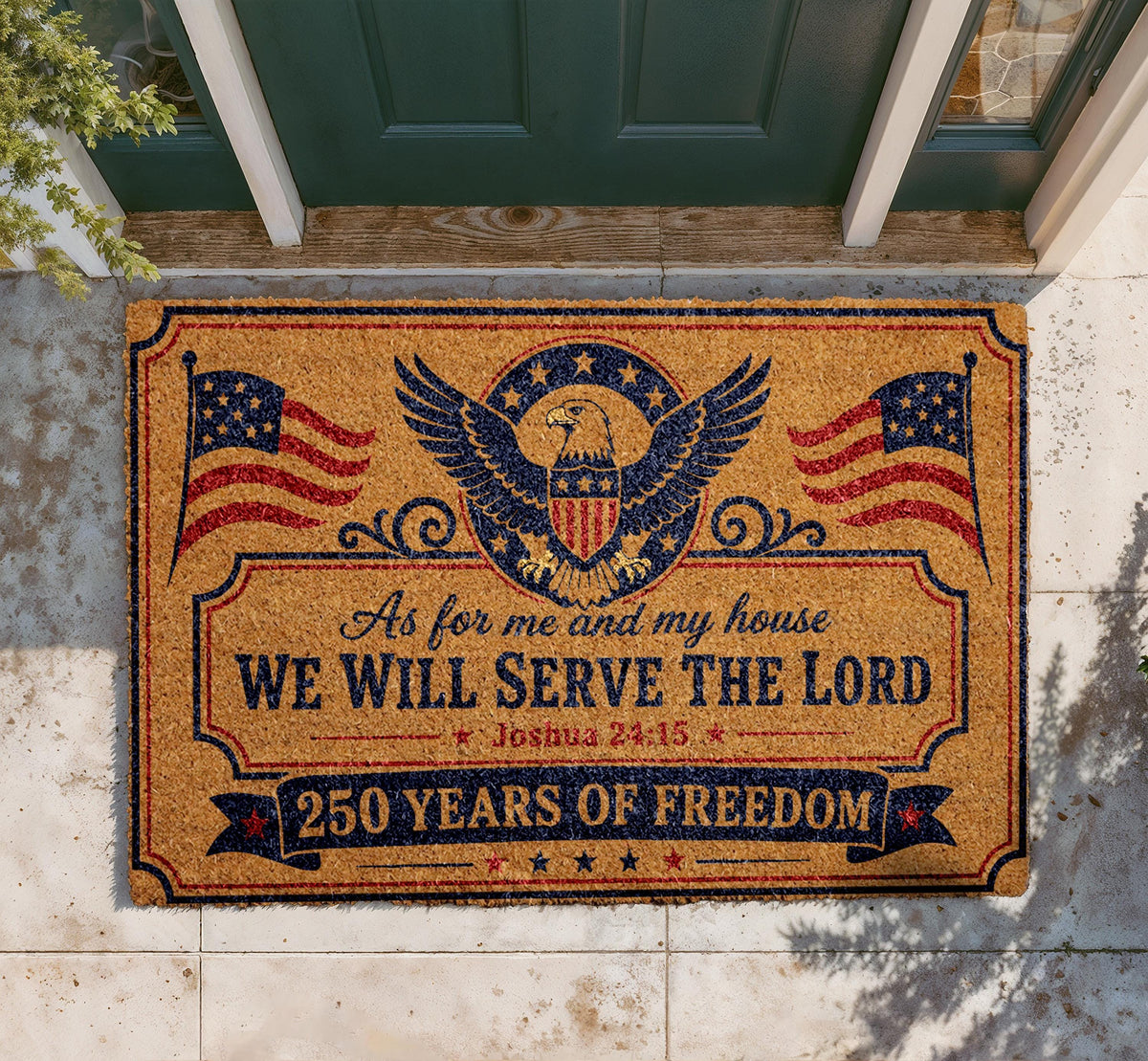 Christian Eagle Doormat, "We Will Serve The Lord", Patriotic Welcome Rug