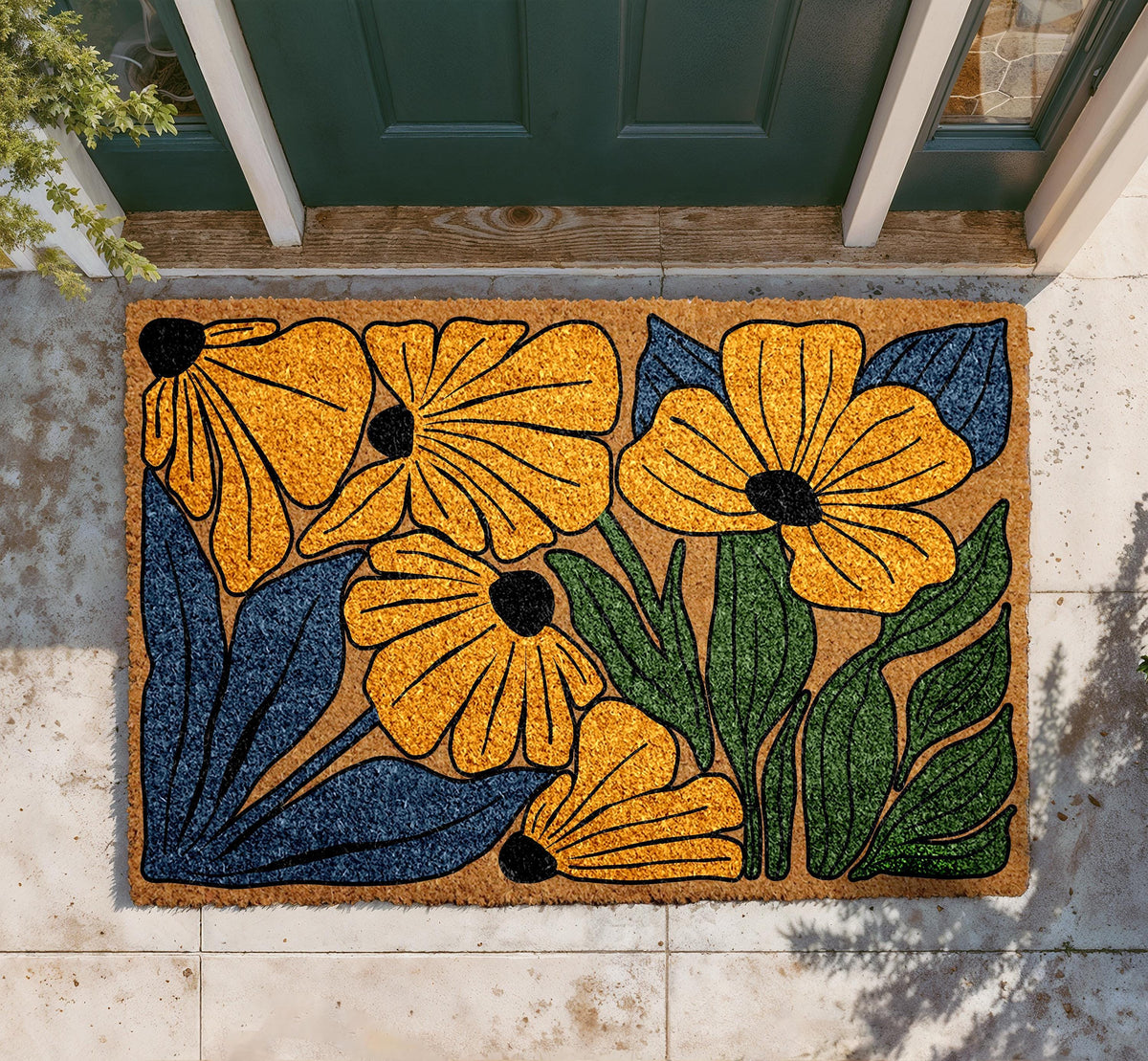 Natural Coir Doormat, Colorful Floral Design, Botanical Welcome Mat