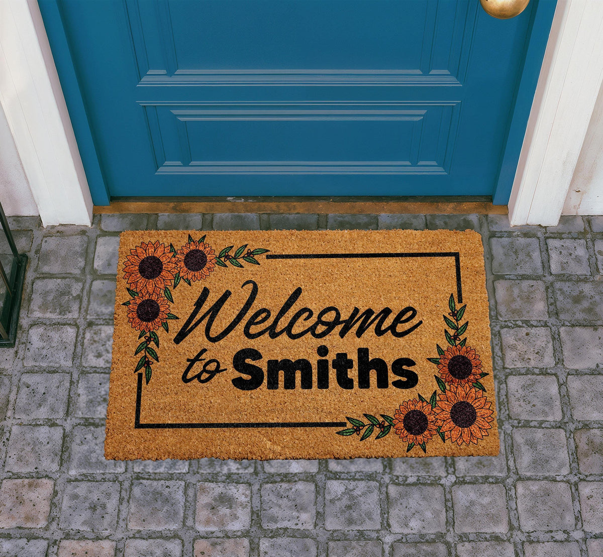 Personalized Sunflower Doormat, Custom Floral Welcome Mat, Farmhouse Entryway Rug