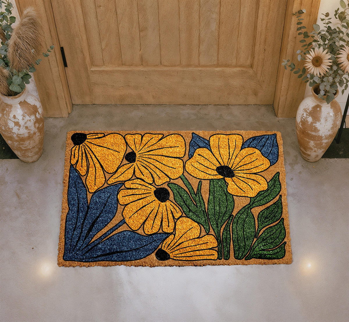 Natural Coir Doormat, Colorful Floral Design, Botanical Welcome Mat