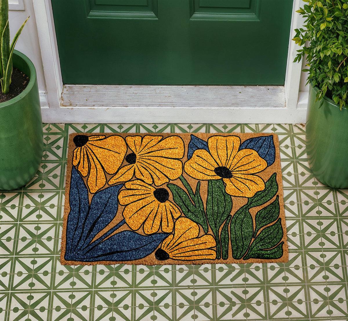 Natural Coir Doormat, Colorful Floral Design, Botanical Welcome Mat