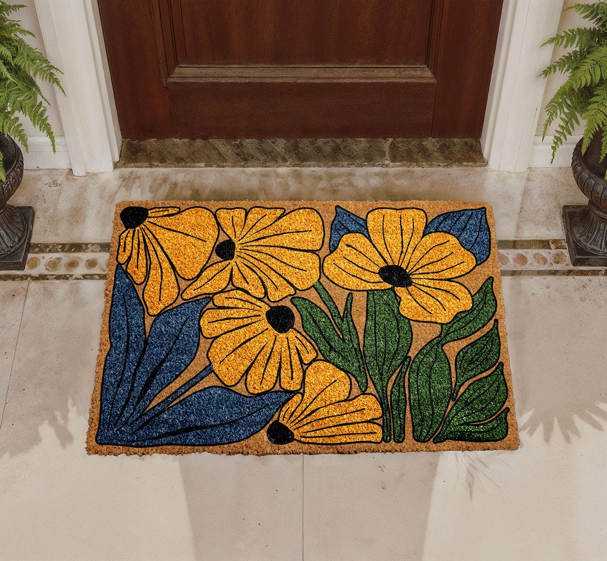 Natural Coir Doormat, Colorful Floral Design, Botanical Welcome Mat